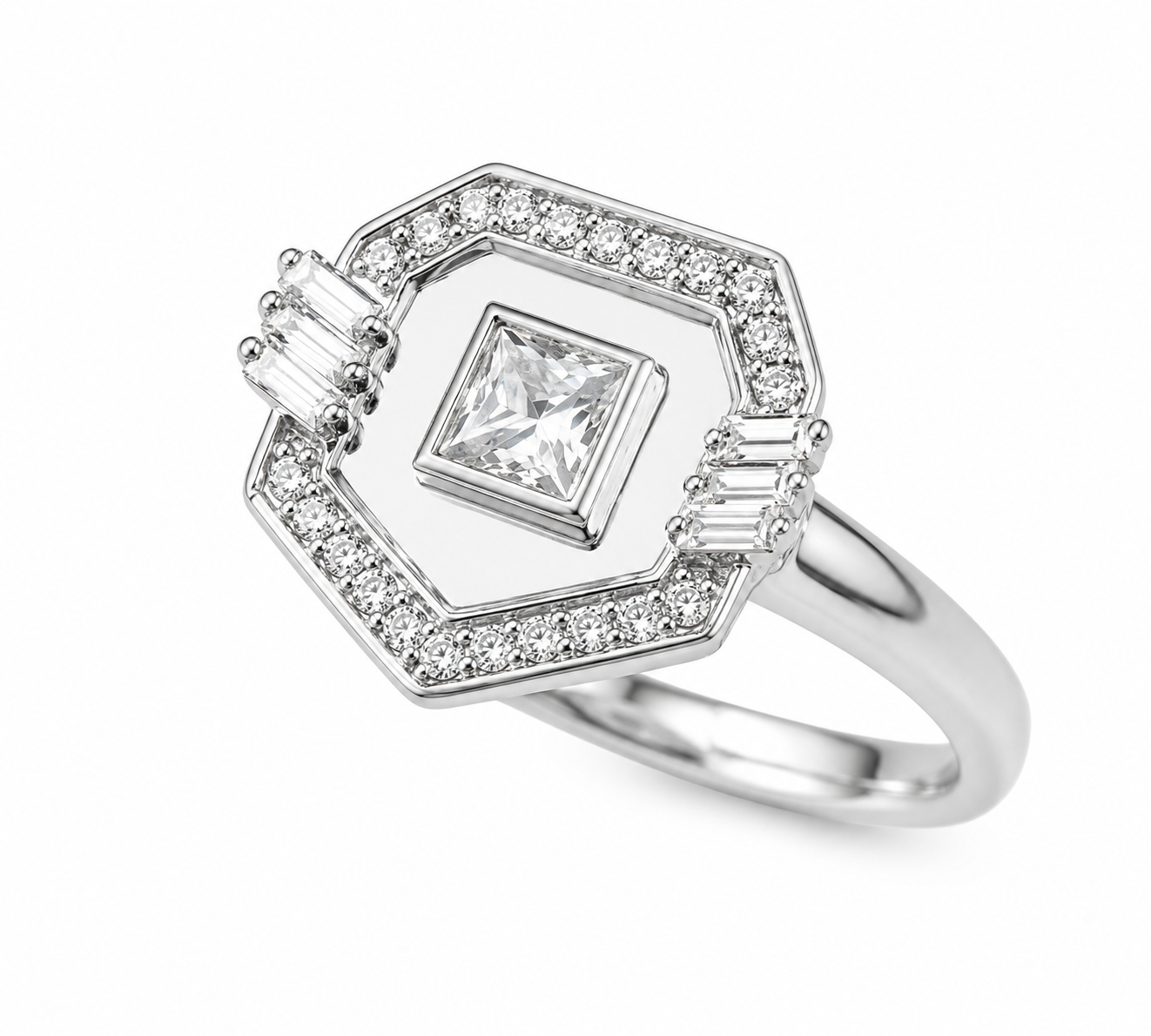 Golden - Geometric Ring-Princess Cut Pave in Diamonds - White Gold