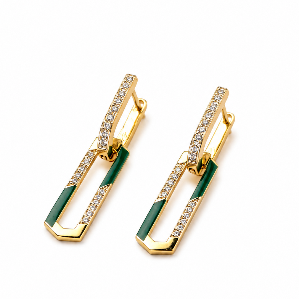 Charmed - Double Earrings - Paved - Green Enamel