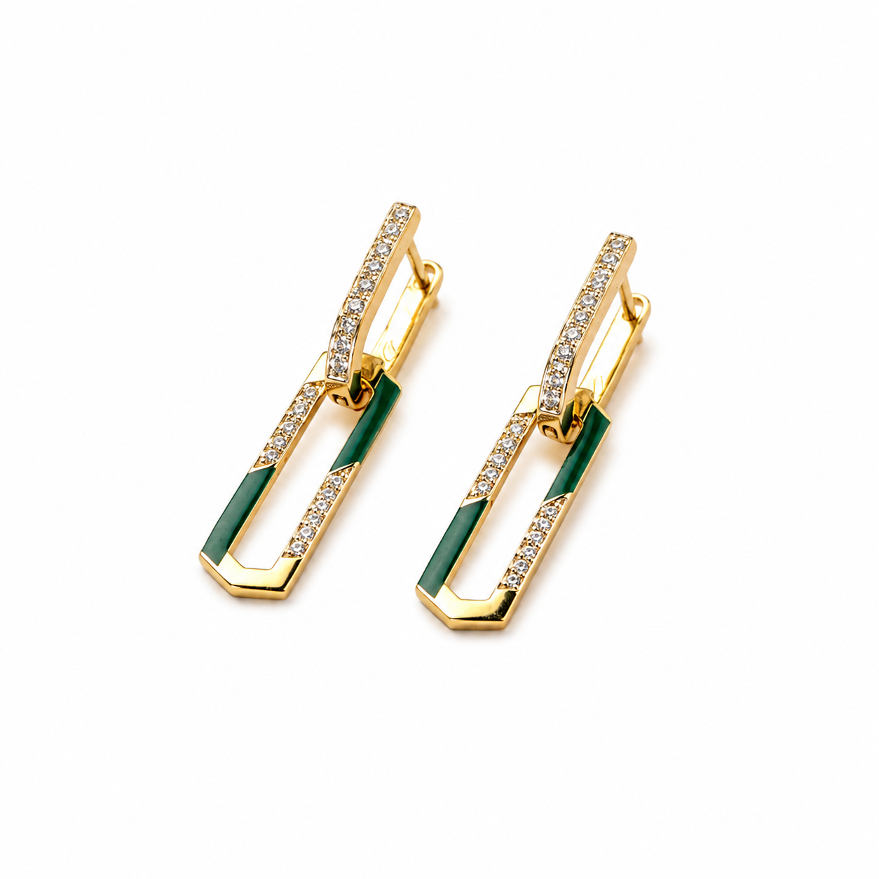 Charmed - Double Earrings - Paved - Green Enamel
