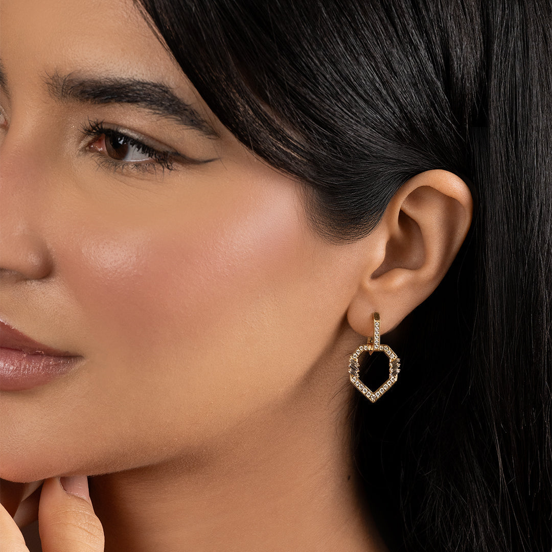 Golden - Geometric Hoop Earrings -Pave in Diamonds - Yellow Gold