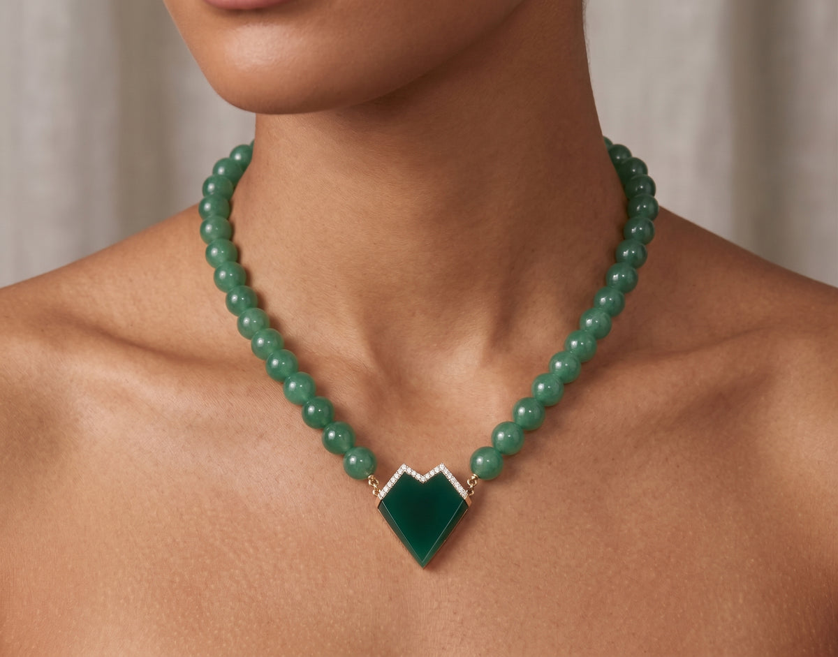 My Heart - Beaded Necklace - Green Agate - Outlined Diamonds - yellow