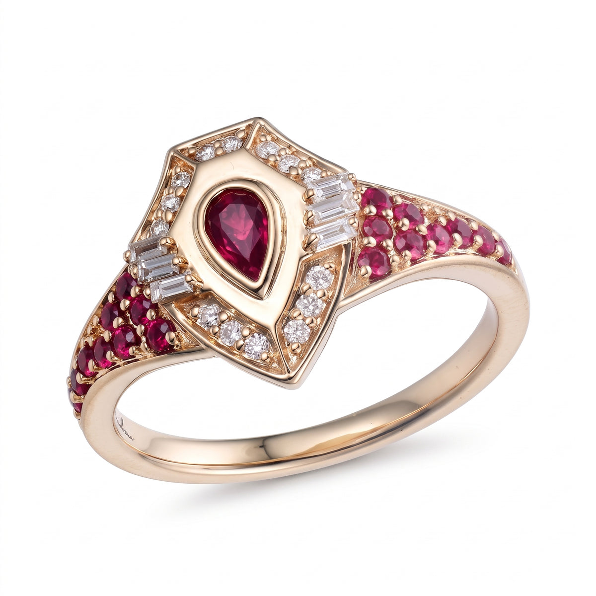 Golden -Shield Ruby Ring- paved in Diamonds - Rose Gold - Charmaleena Jewellery - Diamond Jewellery - Golden