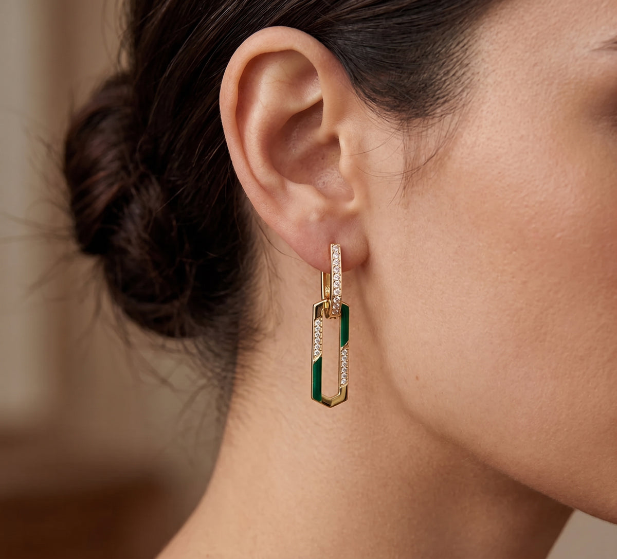 Charmed - Double Earrings - Paved - Green Enamel