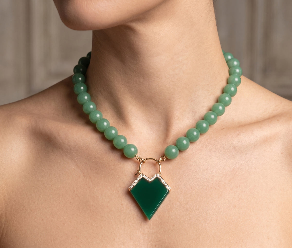 My Heart - Beaded Locket Necklace - Green Agate - Outlined Diamonds - Yellow