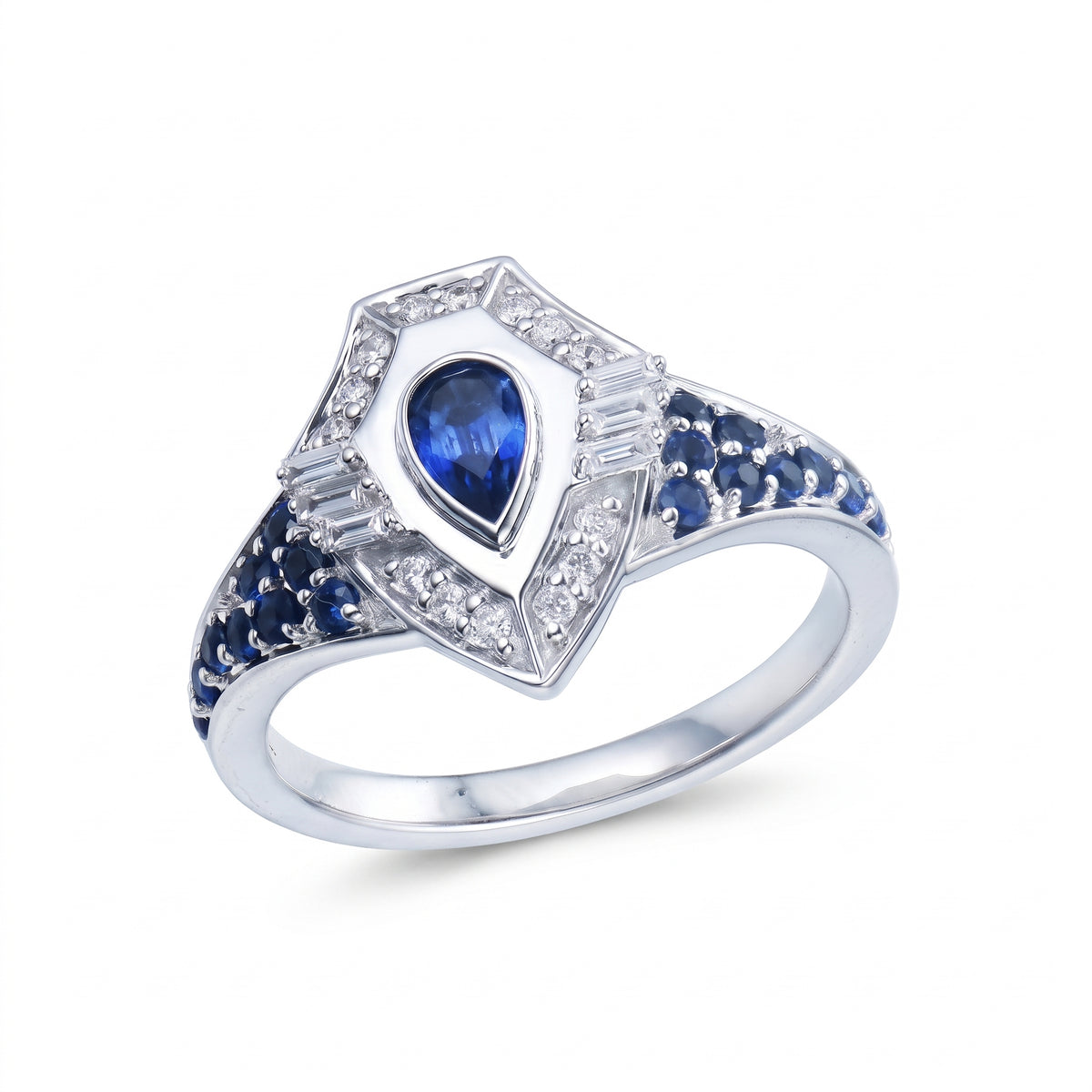 Golden -Shield Sapphire Ring- paved in Diamonds - White Gold - Charmaleena Jewellery - Diamond Jewellery - Golden