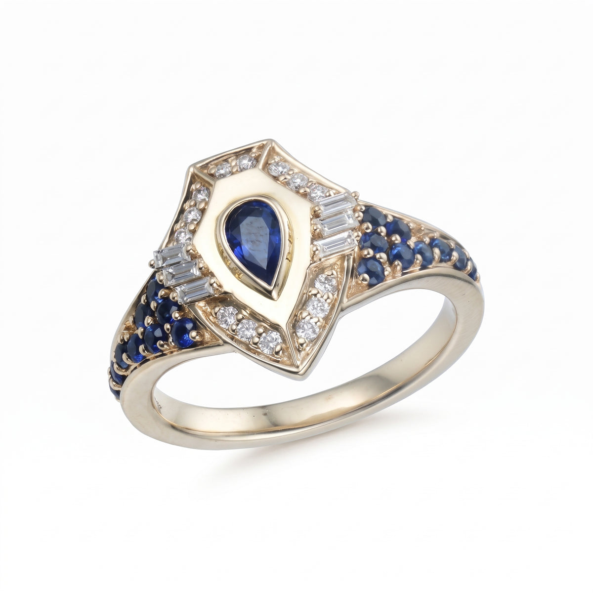 Golden -Shield Sapphire Ring- paved in Diamonds - Yellow Gold - Charmaleena Jewellery - Diamond Jewellery - Golden