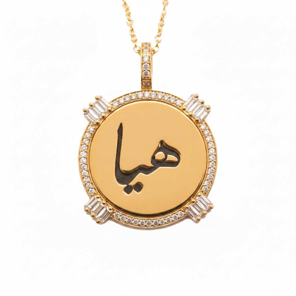 Golden - Round Pendant - Custom Name - Paved - Yellow - Charmaleena Jewellery - Diamond Jewellery - Golden