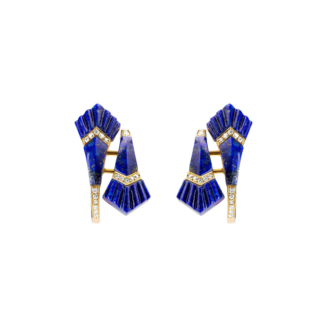 Elements Small Hoop Earrings Outlined In Diamonds Lapis Yellow gold