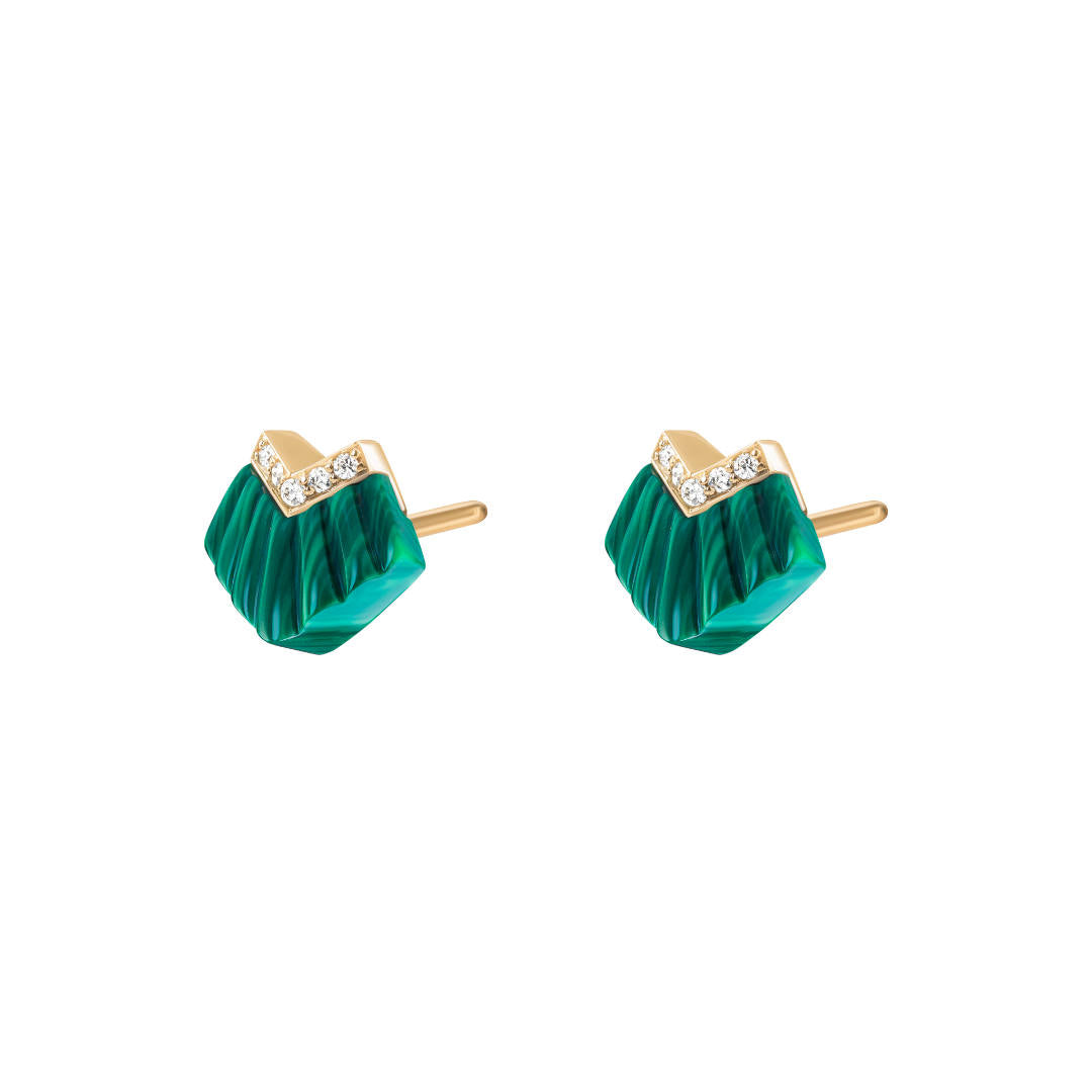 Elements Studs Earrings Outlined In Diamonds Malachite Yellow gold
