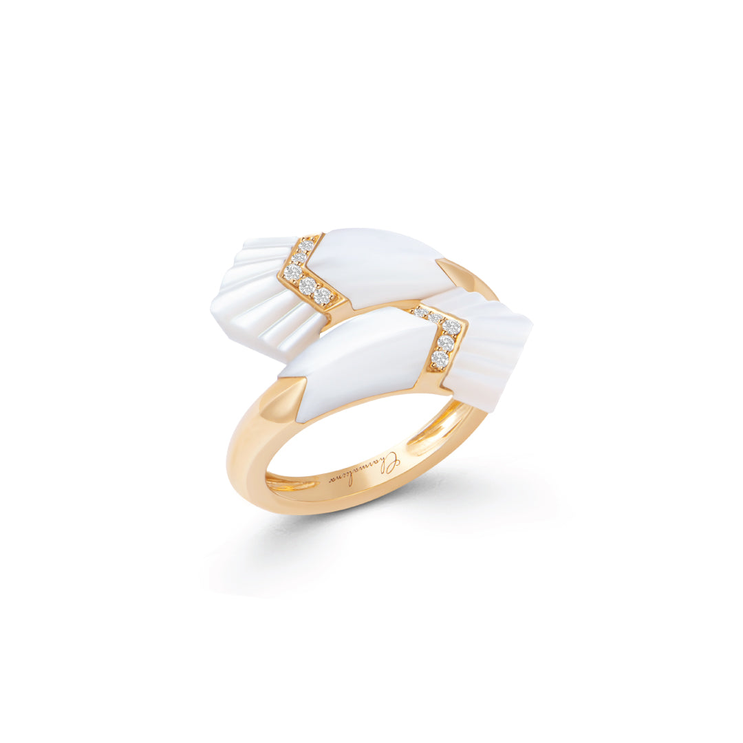 Elements Double Ring Outlined In Diamonds White Mother of Pearl Yellow gold