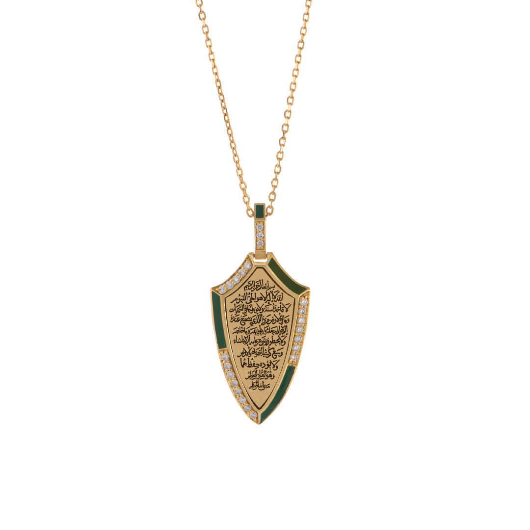 Shield Necklace Green Enamel Outlined In Diamonds Yellow Gold