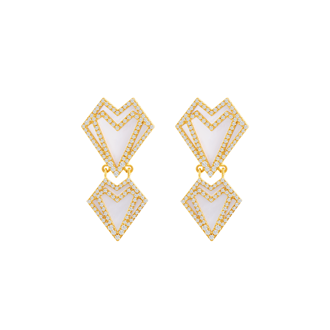 My Heart - Double Earrings - Paved in Diamonds - White Mother of Pearl