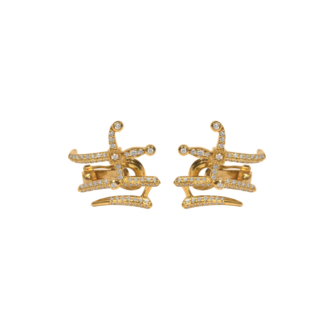 Swords of Love- Double Cuff Earring-Pave Diamonds Yellow Gold Sold Individually