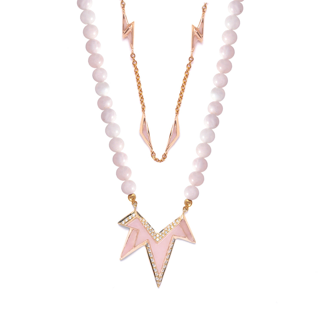 Energy Bead Pendant Double Chain Outlined Diamonds Pink Mother of Pearl