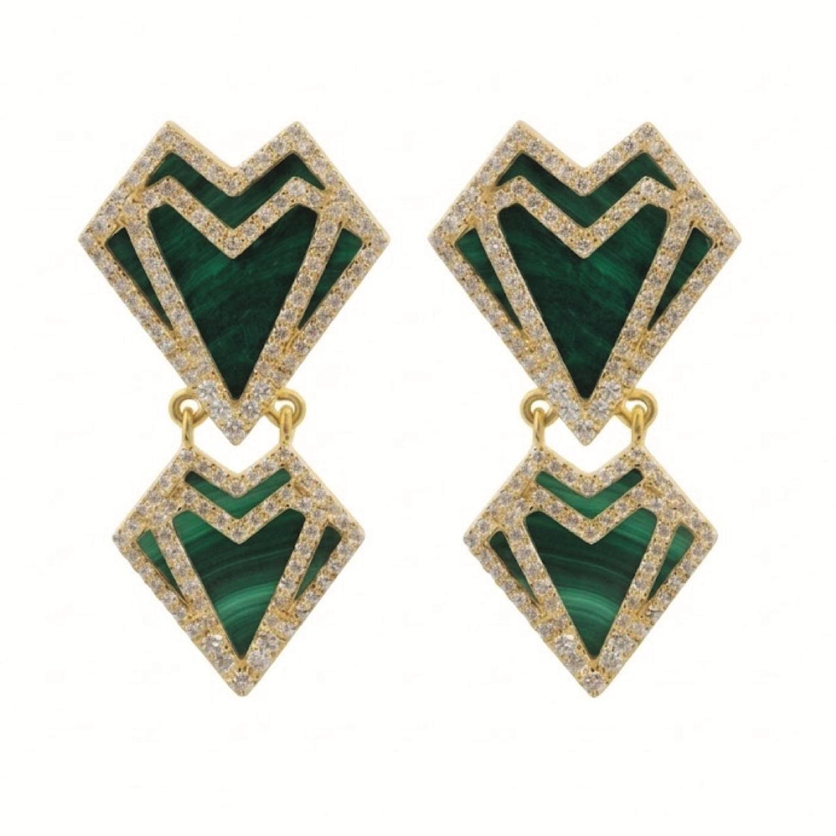 My Heart - Double Earrings - Malachite - Yellow Gold - Charmaleena Jewellery - Diamond Jewellery - My Heart