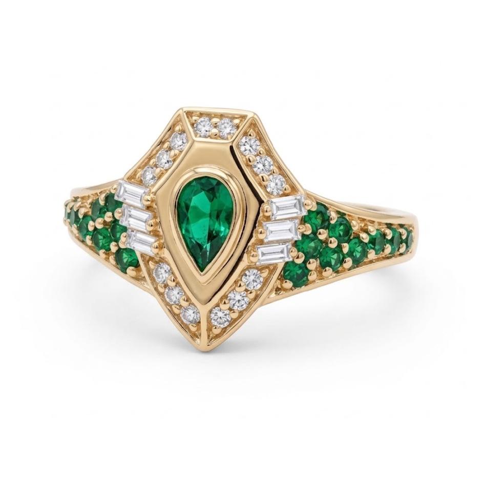 Golden -Shield Emerald Ring- paved in Diamonds - Yellow Gold
