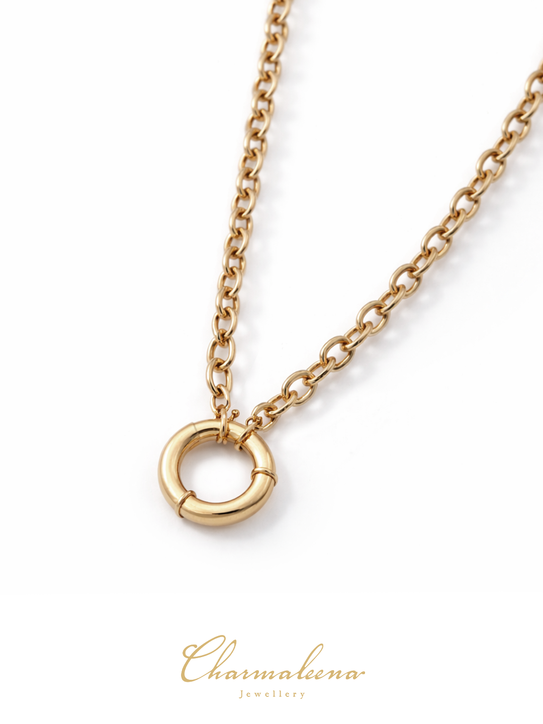Golden - Ring Chain Necklace - Charmaleena Jewellery - Diamond Jewellery - Golden