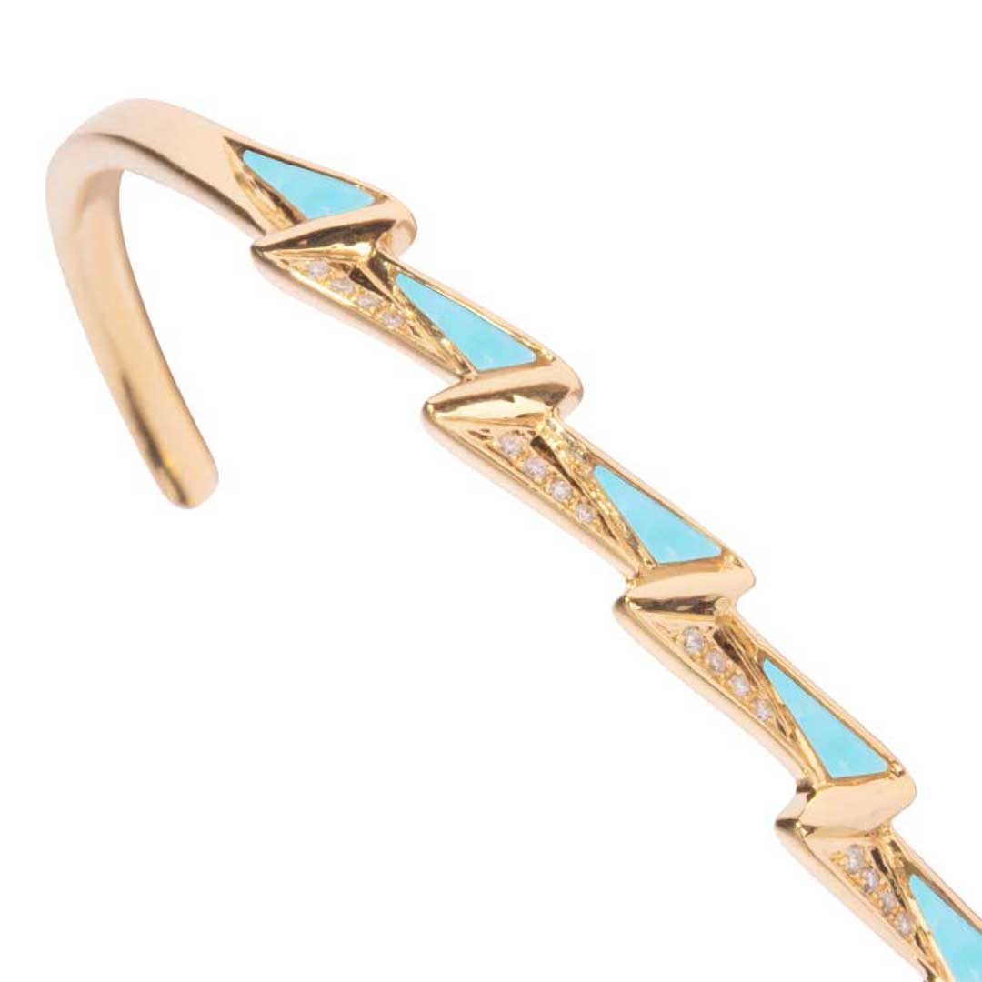Energy Cuff Bracelet Turquoise Framed In Diamonds Yellow Gold