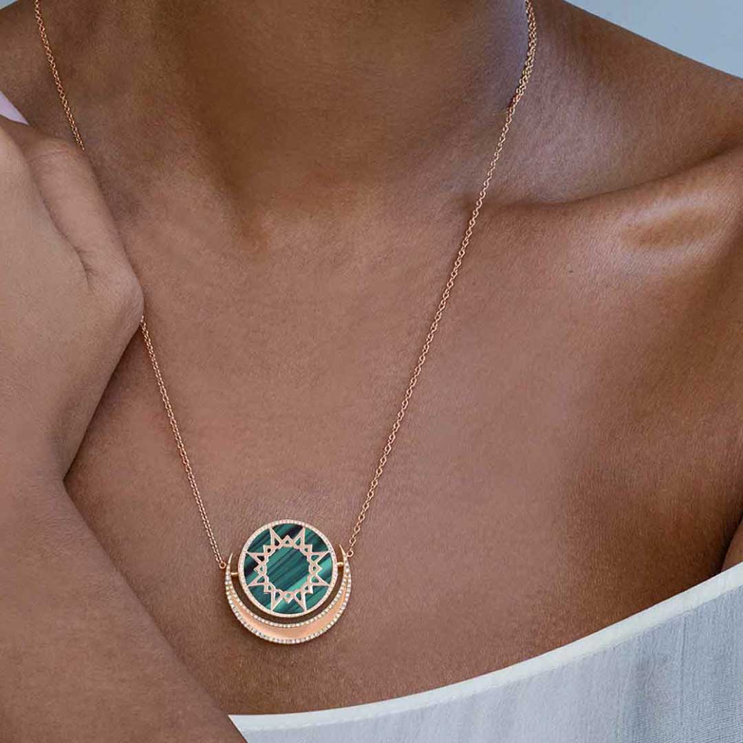 My World Reversible Pendant Malachite Framed In Diamonds Yellow Gold - Charmaleena Jewellery