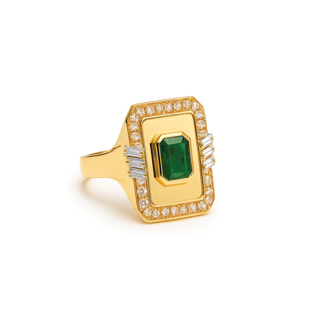 Golden -Frame Ring -Emerald - Paved- Yellow