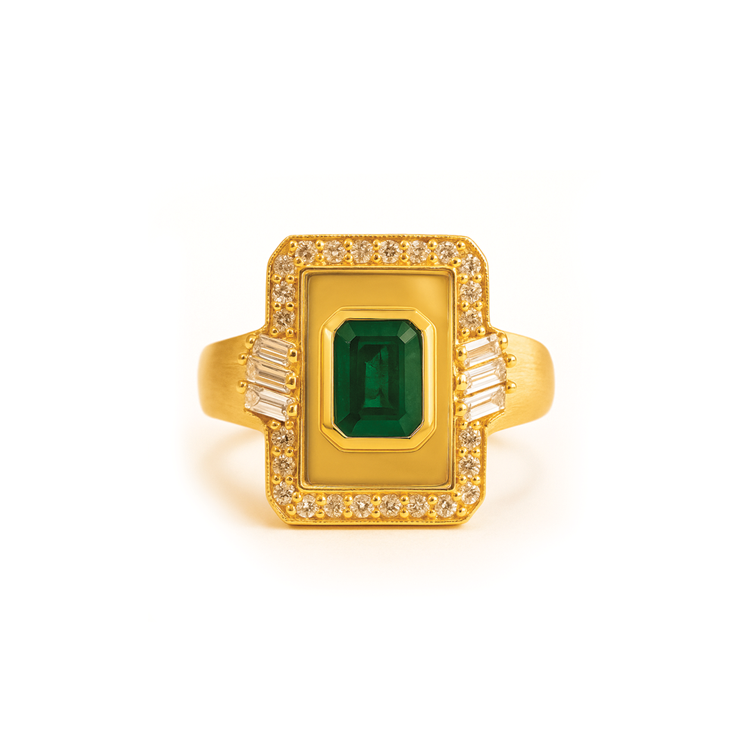 Golden -Frame Ring -Emerald - Paved- Yellow