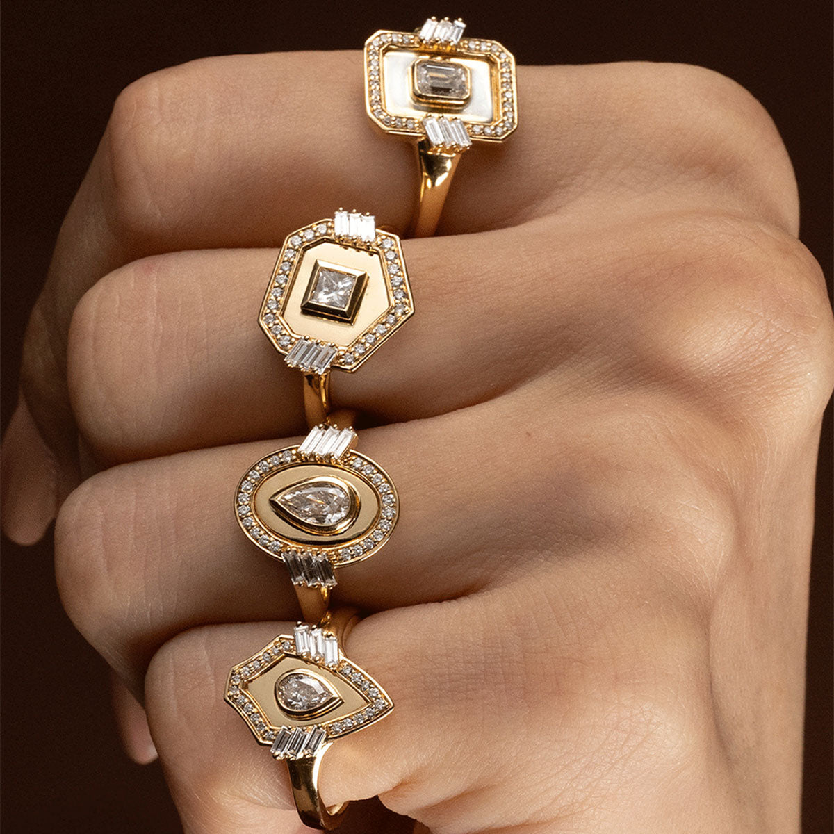 Golden -Shield Ring-Pear Cut Pave in diamonds -Yellow gold