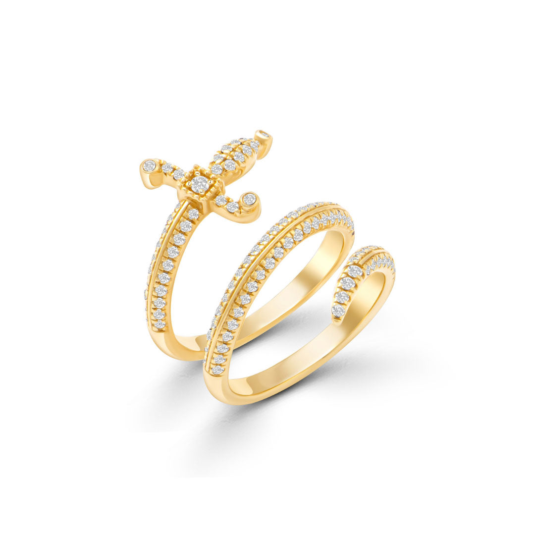 Swords of Love Double Ring Pave Diamonds Yellow Gold